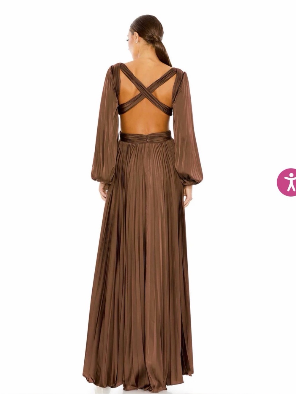 Mac Duggal Brown Pleated Long Sleeve Cutout Gown - Picture 2 of 8
